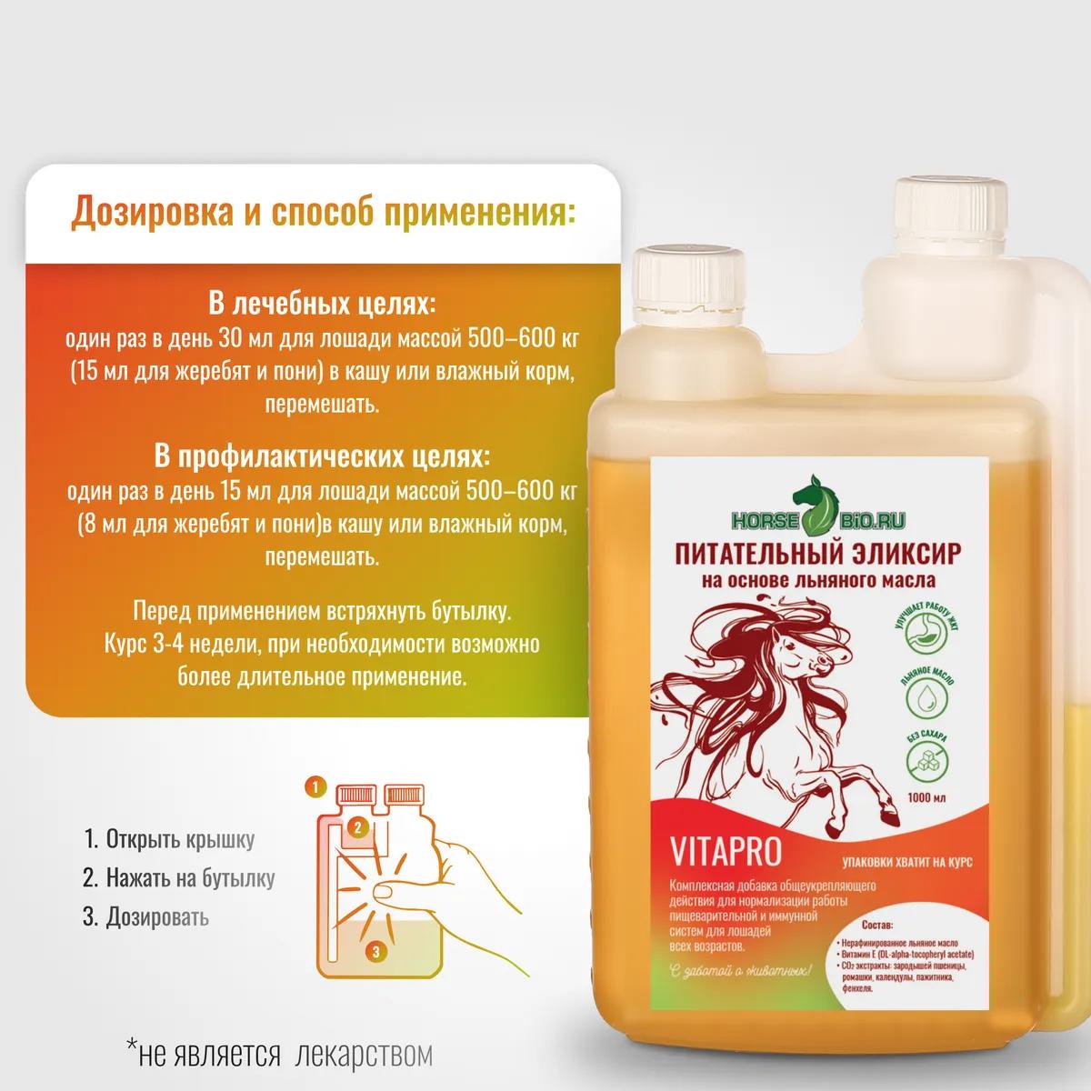 Питательный эликсир VitaPro для лошадей на основе льняного масла, 1000 мл