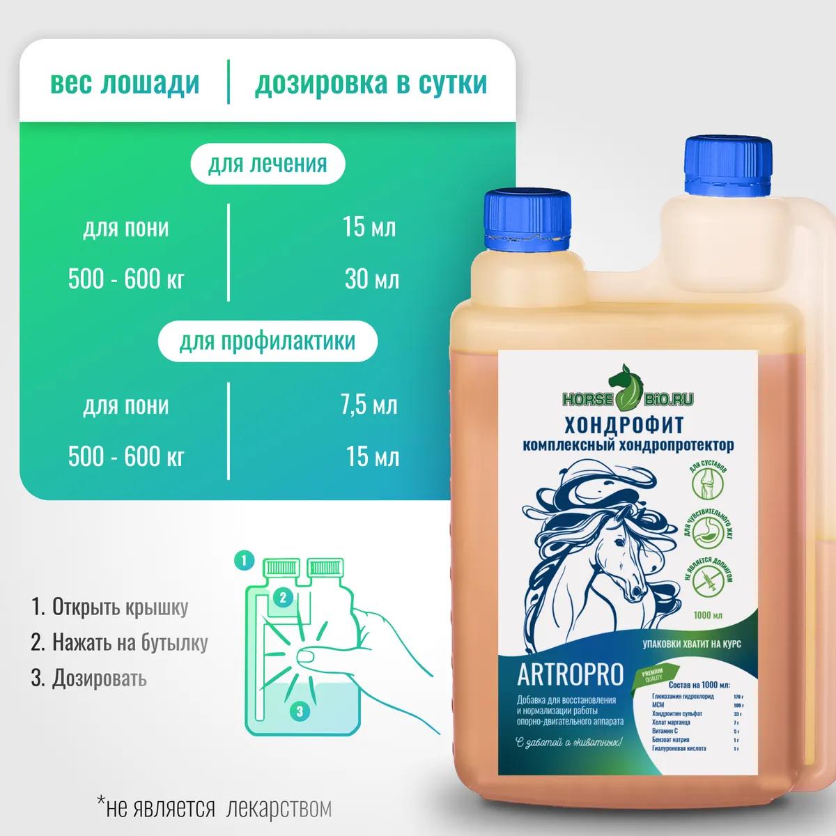 Хондропротектор Хондрофит ArtroPro для лошадей с чувствительным пищеварением, 1000 мл