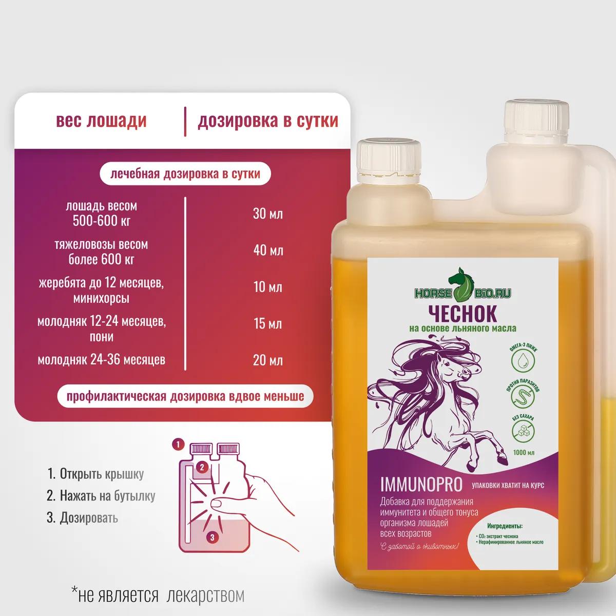 Чеснок ImmunoPro для лошадей на основе льняного масла, 1000 мл