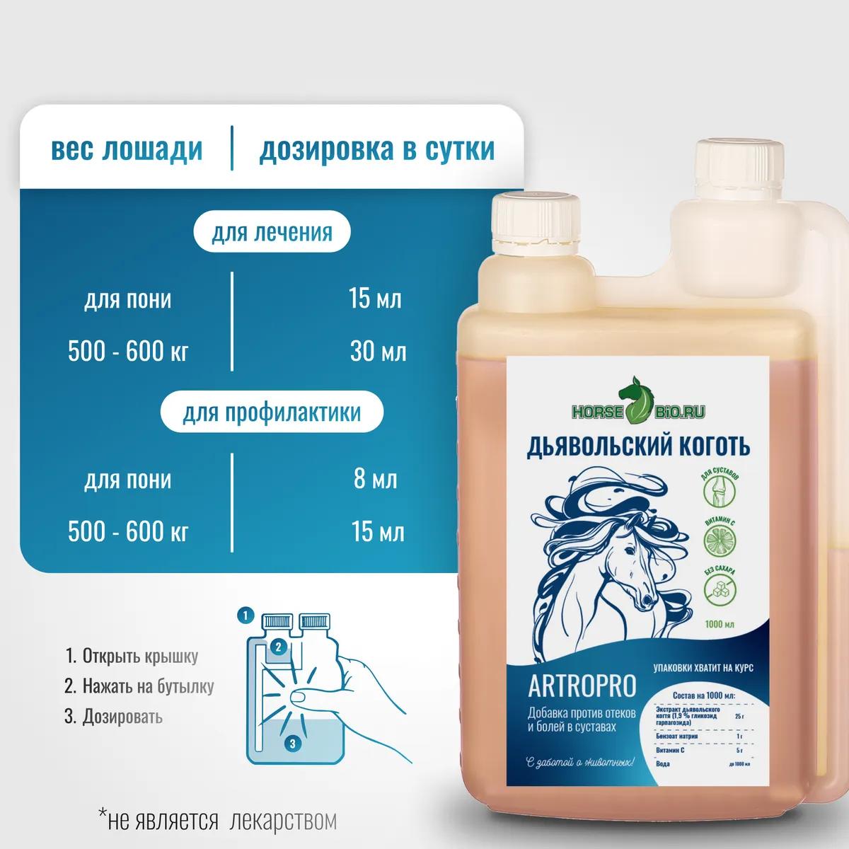 Дьявольский коготь ArtroPro для лошадей с витамином С на водной основе, 1000 мл